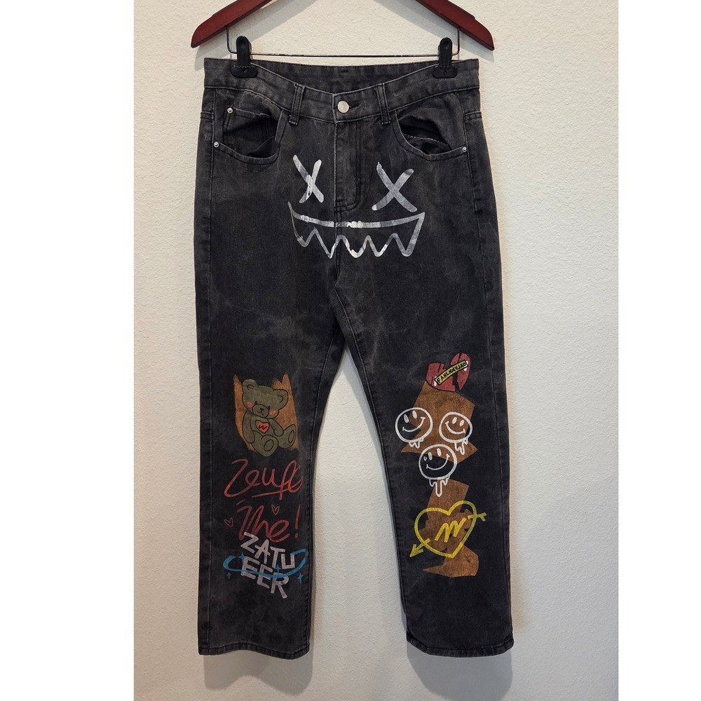 Unbranded Streetwear Graphic Jeans Straight‎ Leg Washed Black Graffiti Waist 32 - Picture 5 of 9